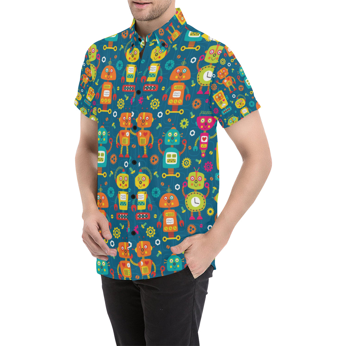 Robot Pattern Print Design A04 Men's Short Sleeve Button Up Shirt