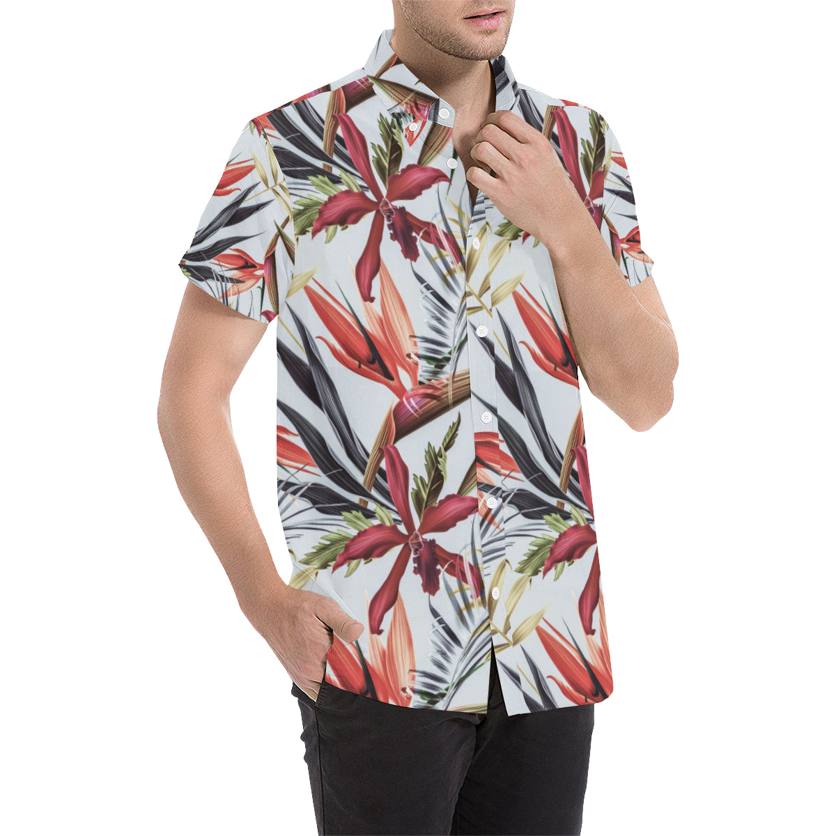 Tropical Flower Pattern Print Design TF021 Men's Short Sleeve Button Up Shirt