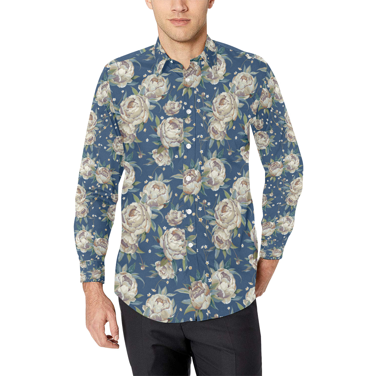 Peony Pattern Print Design A03 Men's Long Sleeve Shirt