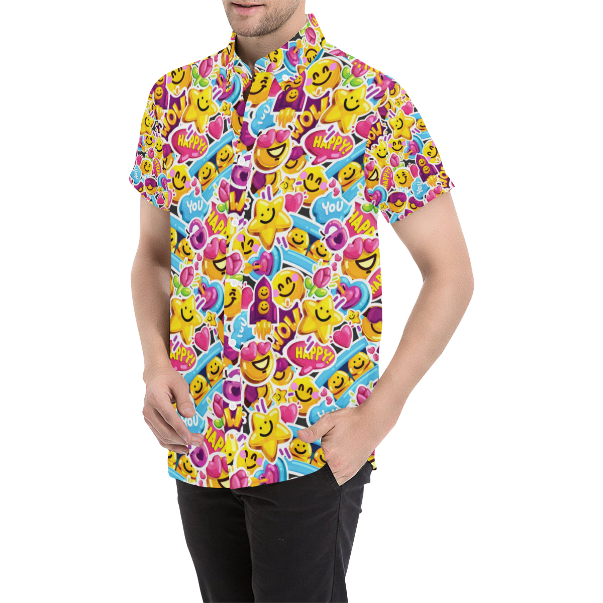 Emoji Sticker Print Pattern Men's Short Sleeve Button Up Shirt