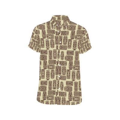 Tiki Brown Mask Print Men's Short Sleeve Button Up Shirt