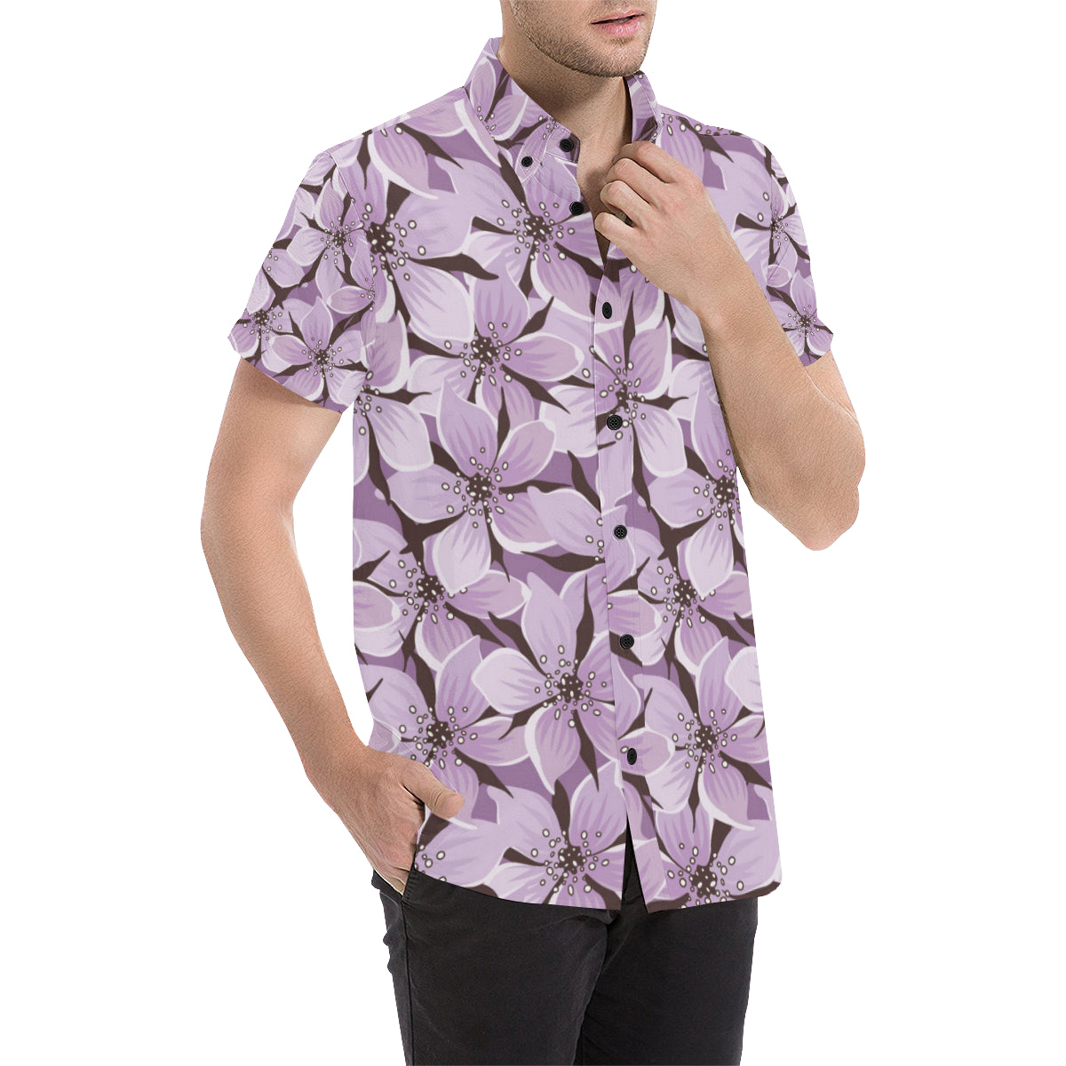 Lilac Pattern Print Design 01 Men's Short Sleeve Button Up Shirt