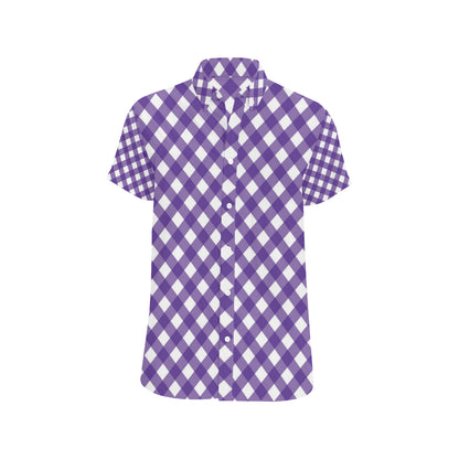 Gingham Purple Pattern Print Design 03 Men's Short Sleeve Button Up Shirt