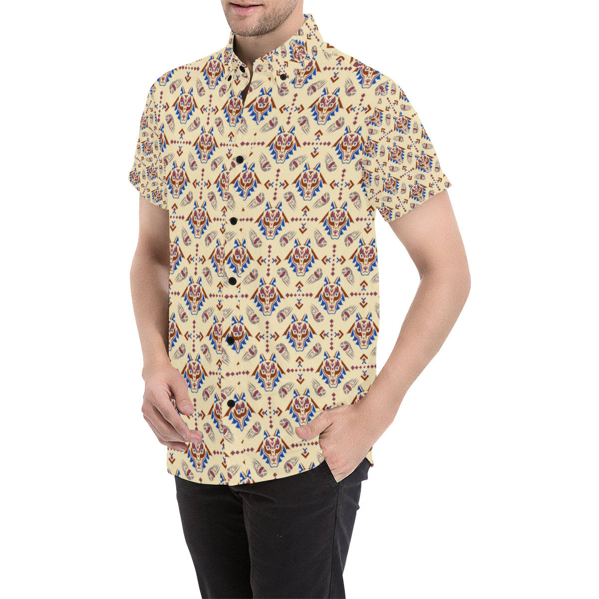 Aztec Wolf Pattern Print Design 03 Men's Short Sleeve Button Up Shirt