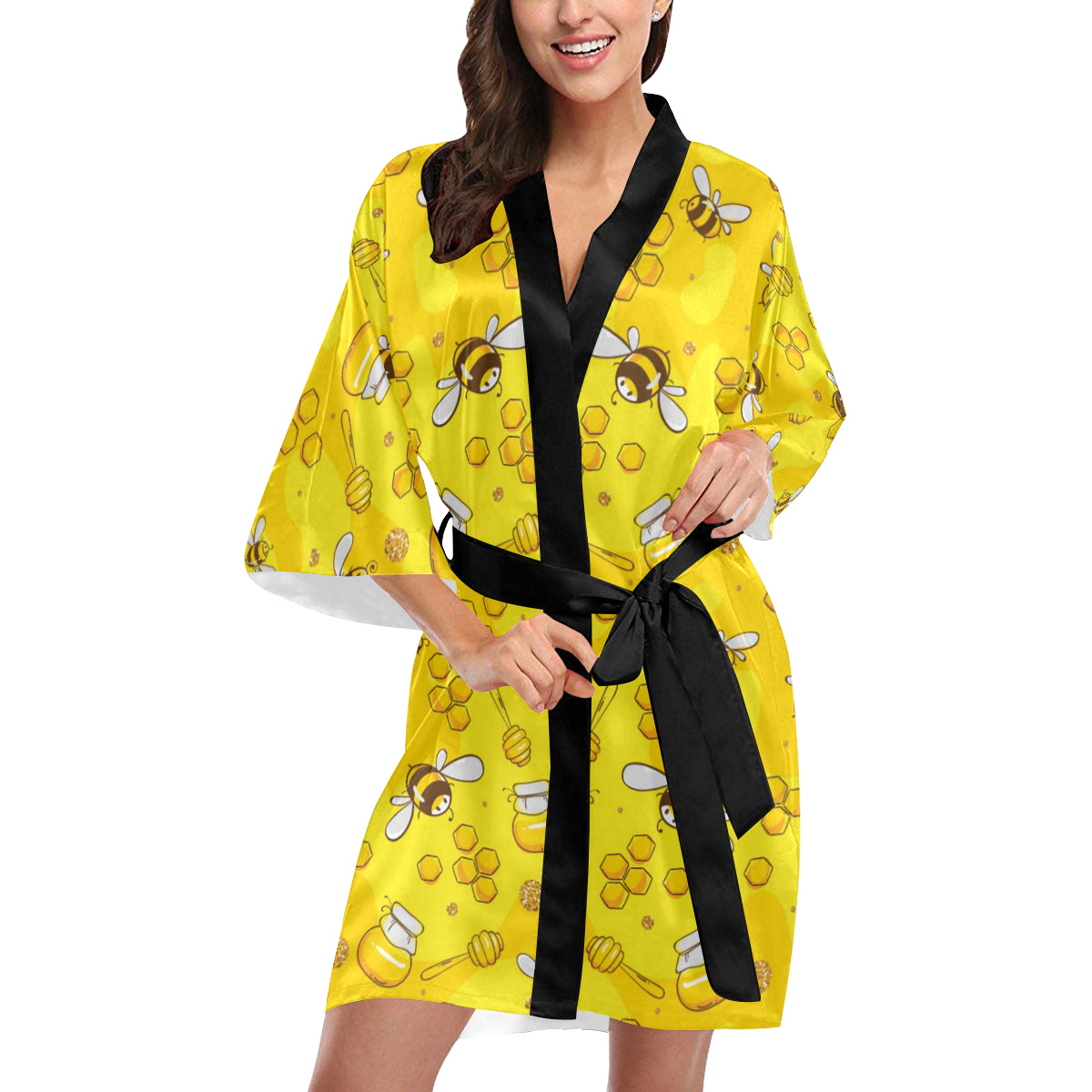 Bee Pattern Print Design BEE01 Women's Short Kimono