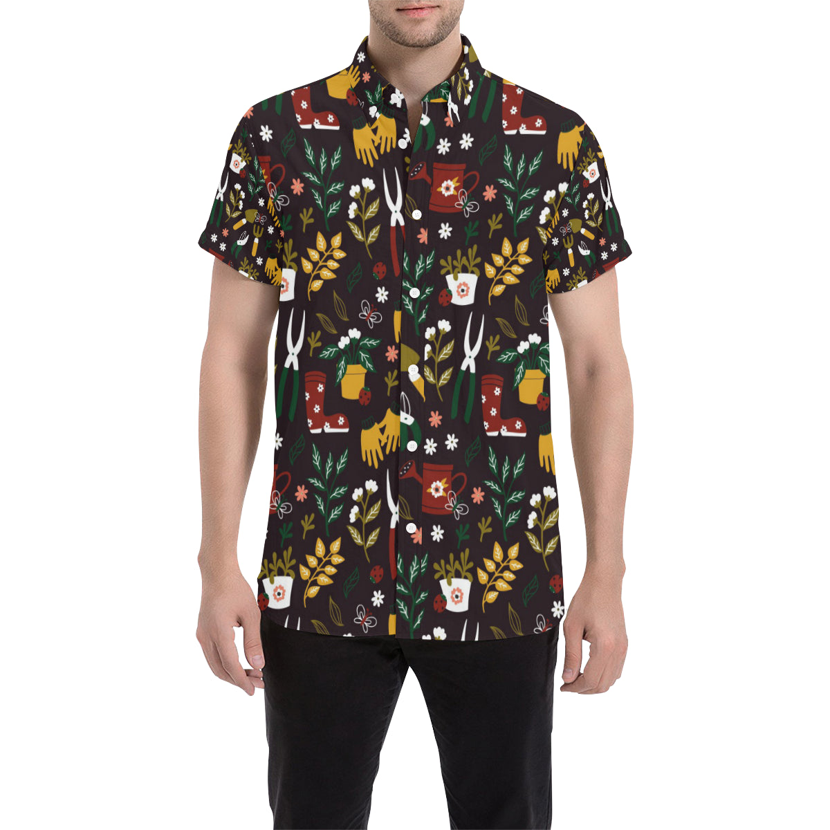 Gardening Pattern Print Design G05 Men's Short Sleeve Button Up Shirt