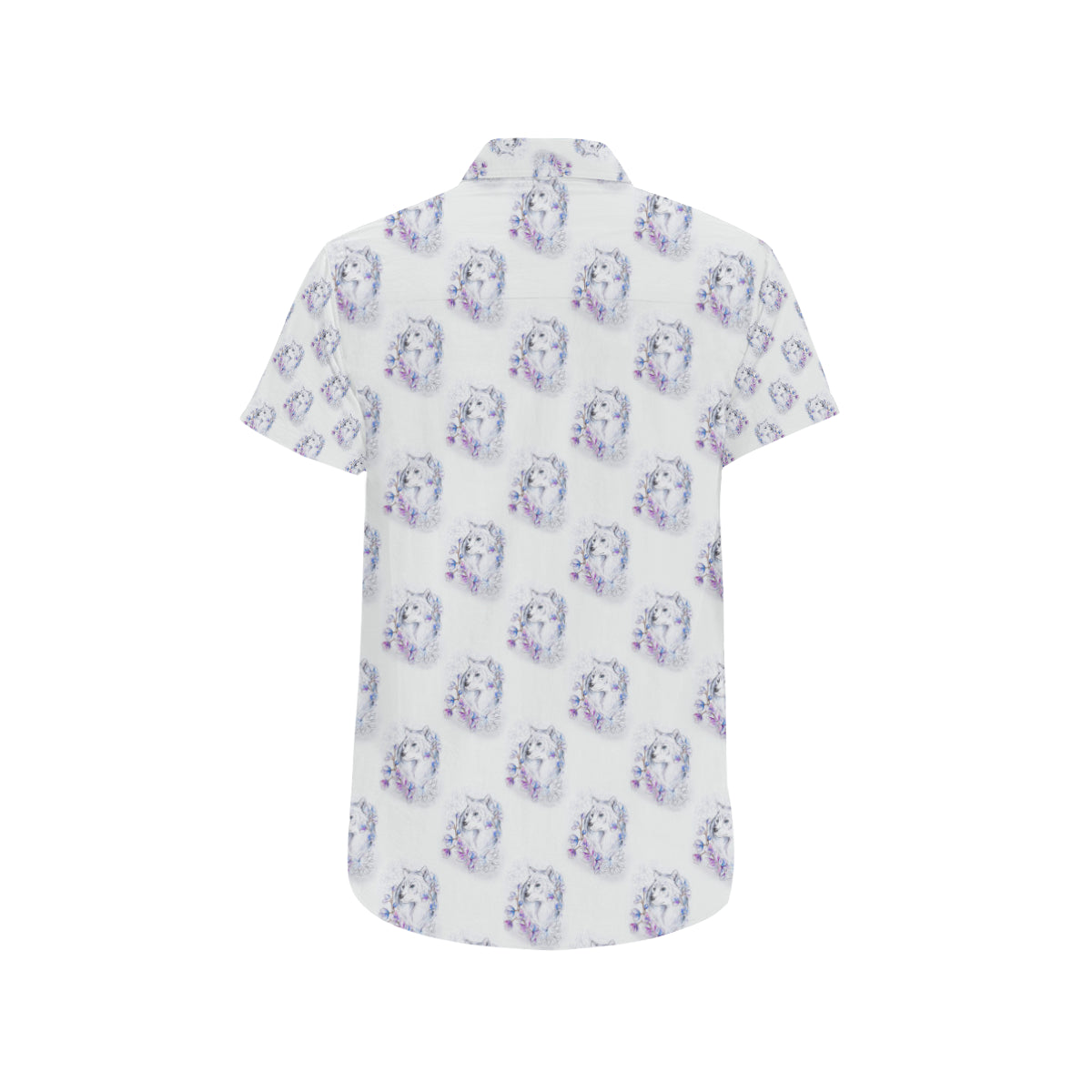 Wolf with Flower Print Design Men's Short Sleeve Button Up Shirt