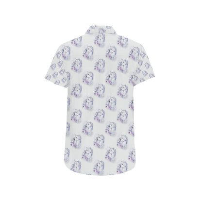 Wolf with Flower Print Design Men's Short Sleeve Button Up Shirt