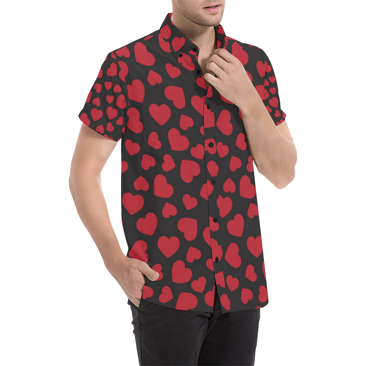Heart Red Pattern Print Design HE01 Men's Short Sleeve Button Up Shirt