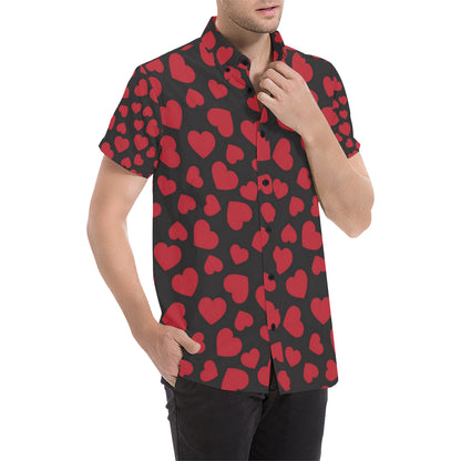 Heart Red Pattern Print Design HE01 Men's Short Sleeve Button Up Shirt