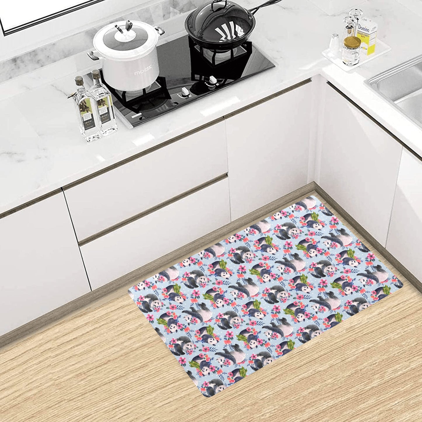 Panda Bear Flower Design Themed Print Kitchen Mat