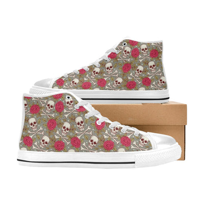 Skull Bone Rose Print Design LKS303 High Top Women's White Shoes