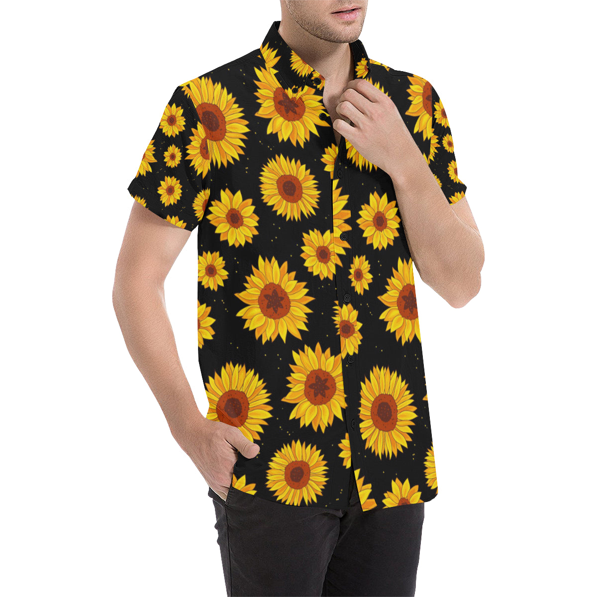 Sunflower Pattern Print Design SF09 Men's Short Sleeve Button Up Shirt