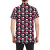 Pink Rose Skull Themed Print Men's Short Sleeve Button Up Shirt