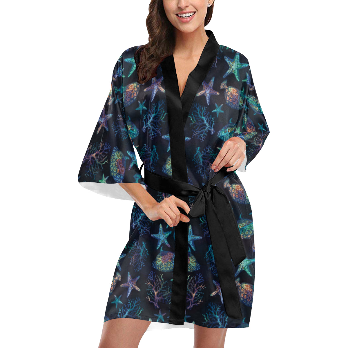 Starfish Pattern Print Design 01 Women's Short Kimono