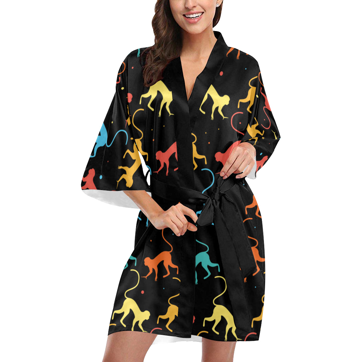 Monkey Pattern Print Design 01 Women's Short Kimono