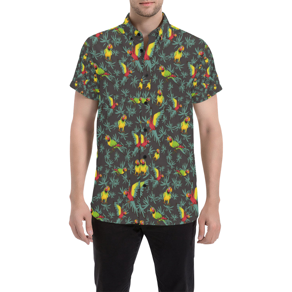 Parrot Themed Print Men's Short Sleeve Button Up Shirt