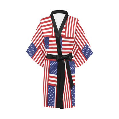 Patriotic US Flag Pattern Print Design A01 Women's Short Kimono