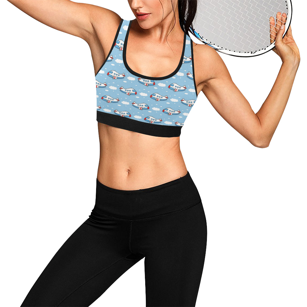 Airplane Cartoon Pattern Print Design 07 Sports Bra