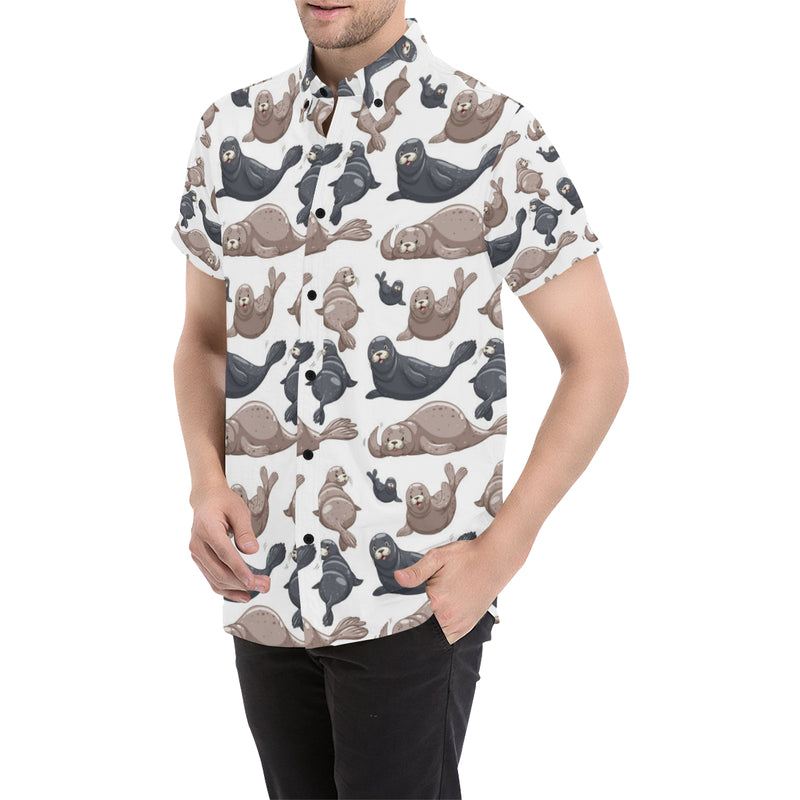 Sea Lion Pattern Print Design 02 Men's Short Sleeve Button Up Shirt