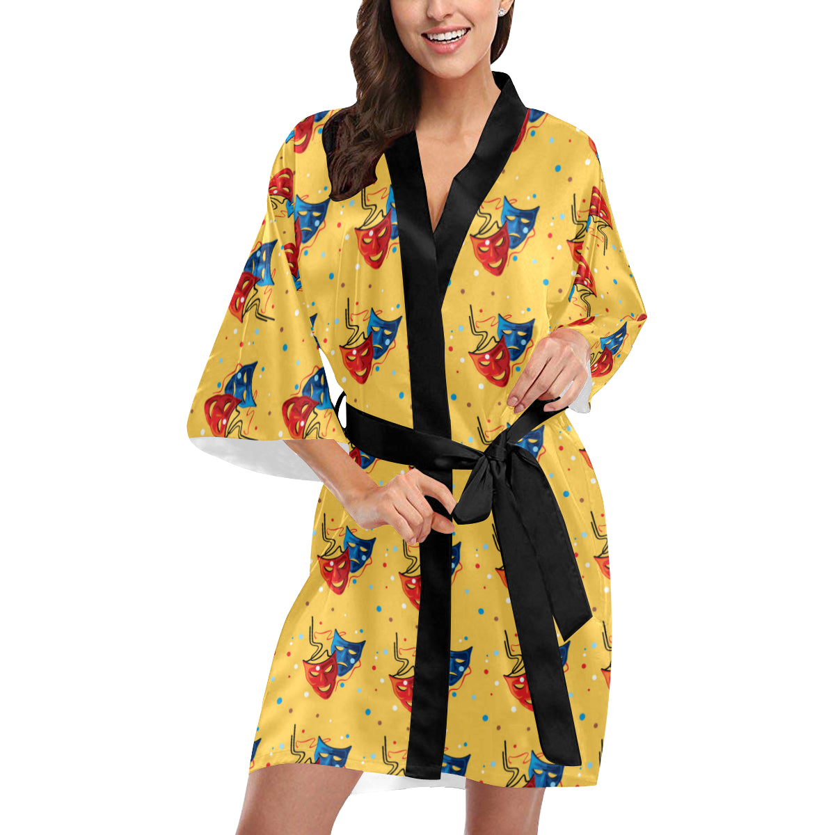 Acting Mask Pattern Print Design 02 Women's Short Kimono