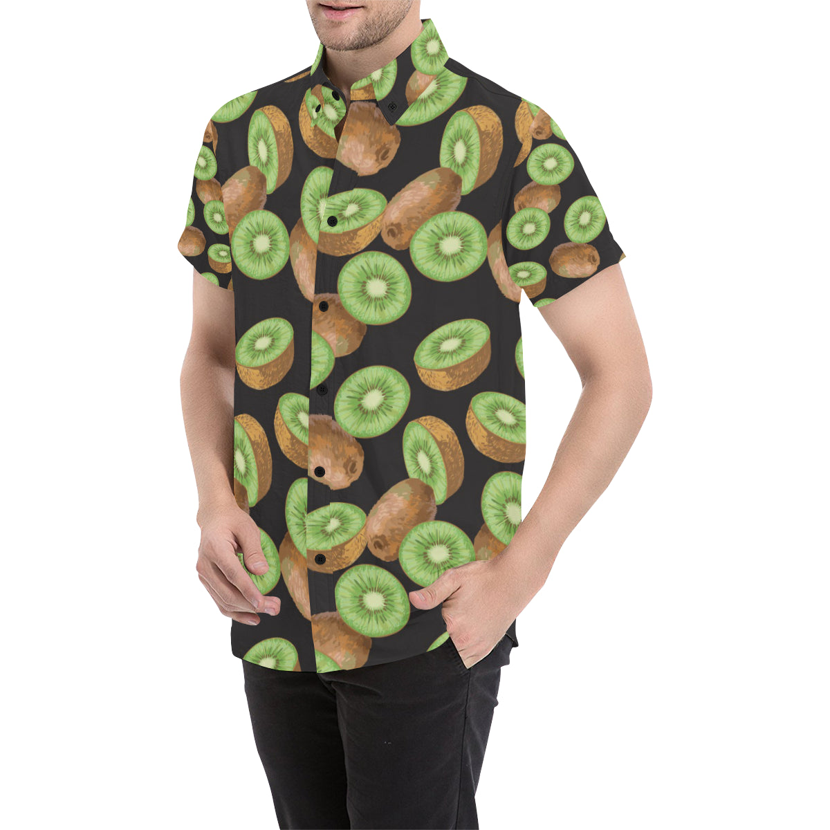 Kiwi Pattern Print Design KW03 Men's Short Sleeve Button Up Shirt