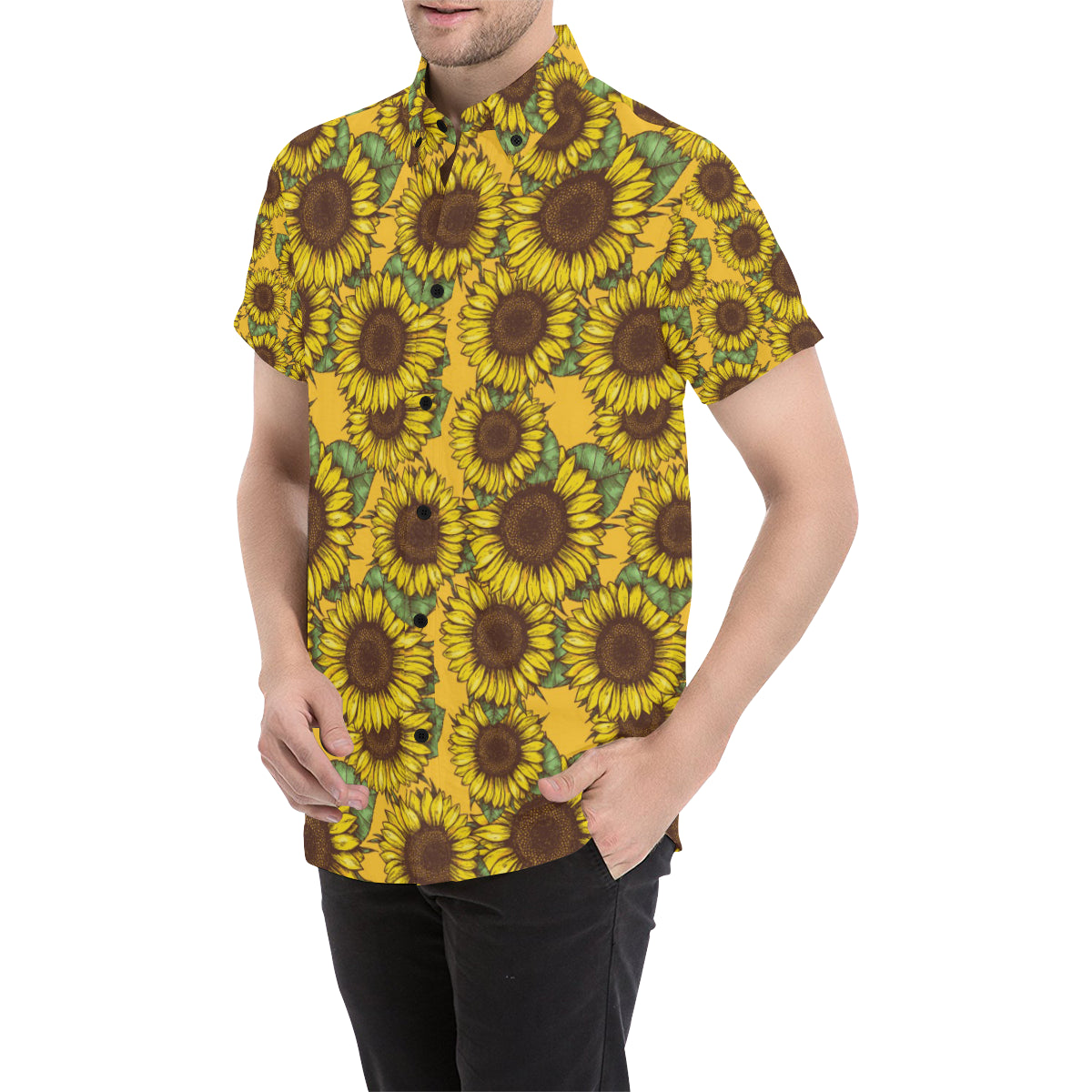 Sunflower Pattern Print Design SF04 Men's Short Sleeve Button Up Shirt