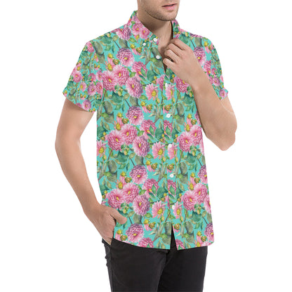 Dahlia Pattern Print Design DH07 Men's Short Sleeve Button Up Shirt