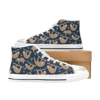 Sloth Print Design LKS307 High Top Women's White Shoes
