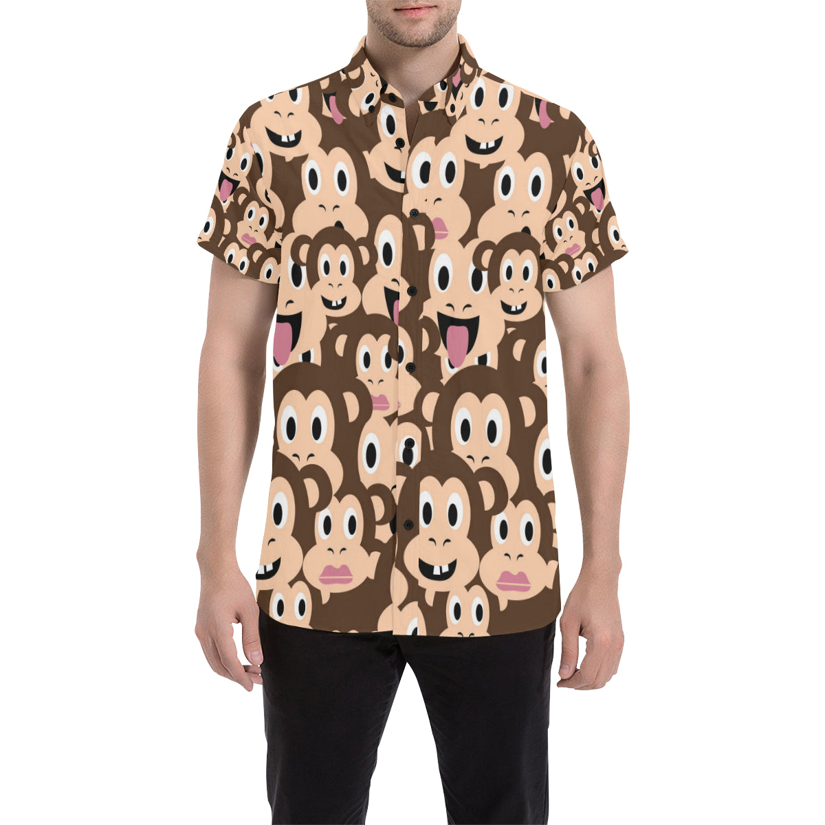 Emoji Monkey Print Pattern Men's Short Sleeve Button Up Shirt