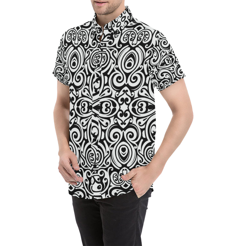 Polynesian Tattoo Pattern Men's Short Sleeve Button Up Shirt