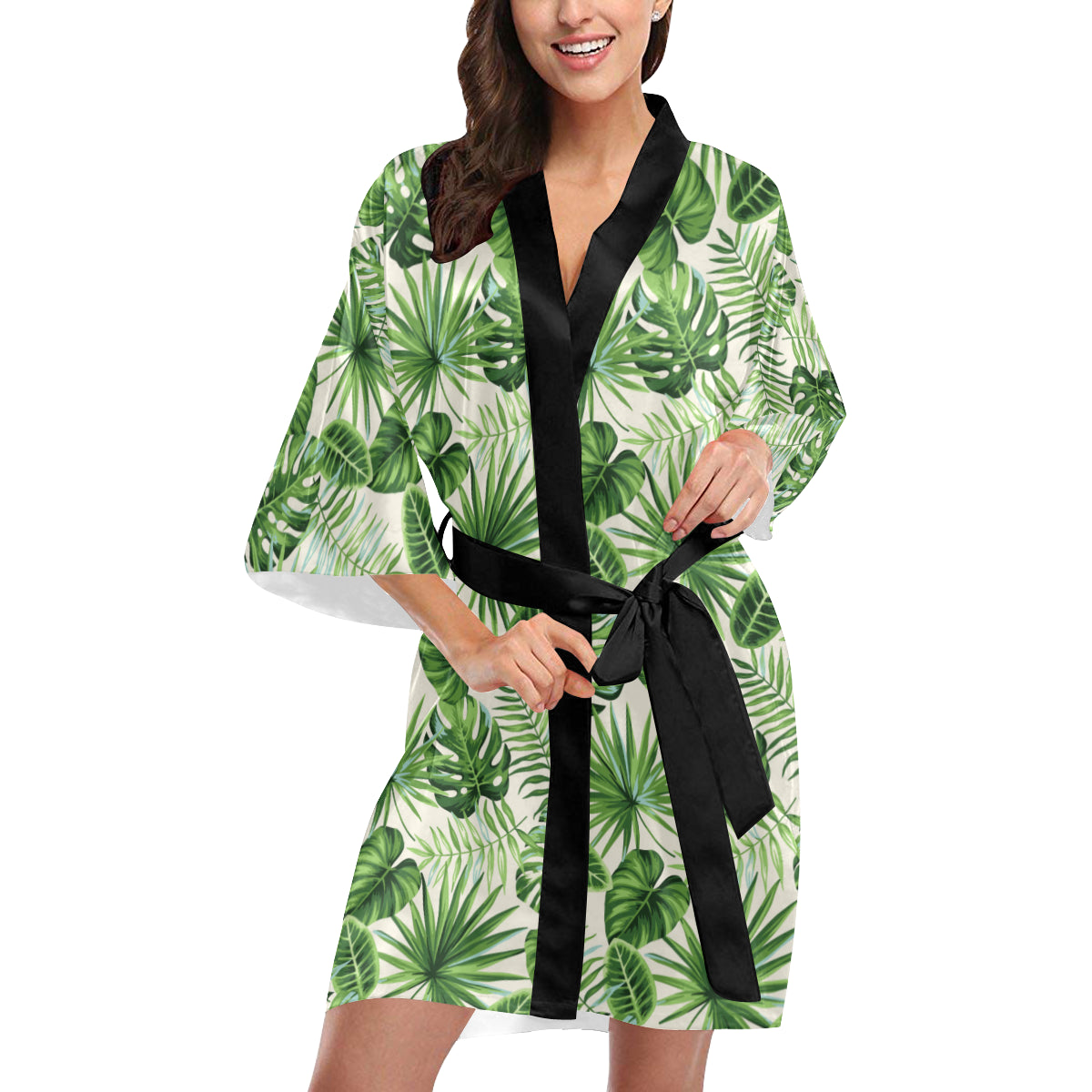 Palm Leaf Pattern Print Design A01 Women's Short Kimono