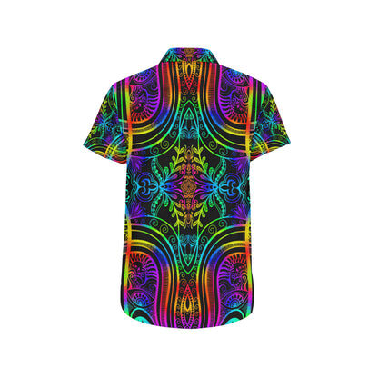 Neon Trible Rainbow Pattern Print Design A01 Men's Short Sleeve Button Up Shirt