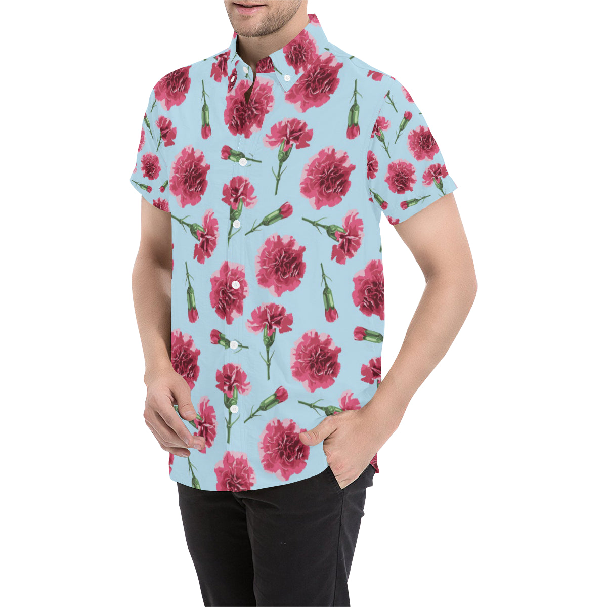 Carnations Pattern Print Design CN01 Men's Short Sleeve Button Up Shirt