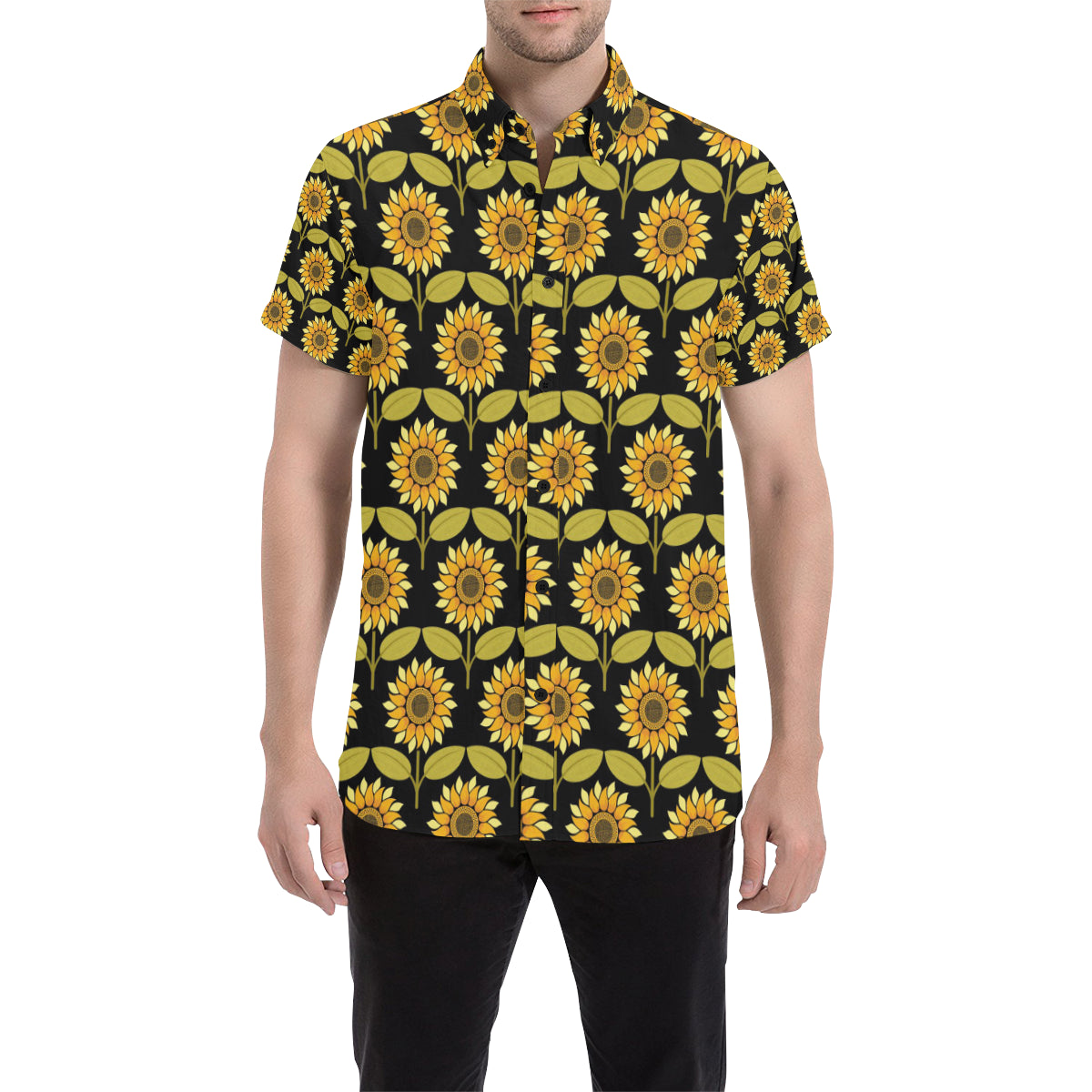 Sunflower Pattern Print Design SF015 Men's Short Sleeve Button Up Shirt