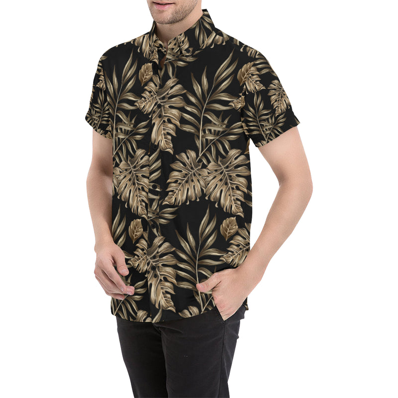 Brown Tropical Palm Leaves Men's Short Sleeve Button Up Shirt