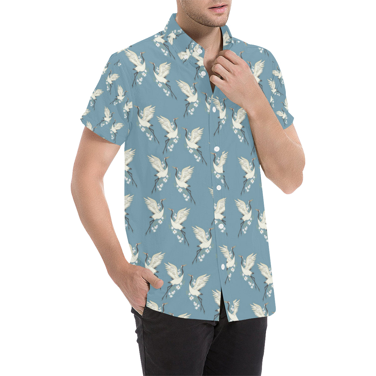 Crane Pattern Print Design 05 Men's Short Sleeve Button Up Shirt