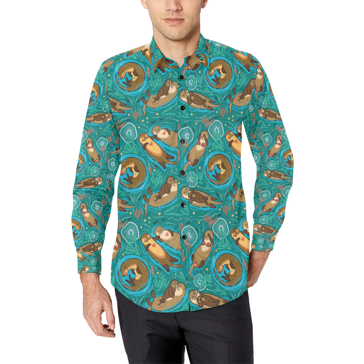 Sea Otter Pattern Print Design 01 Men's Long Sleeve Shirt