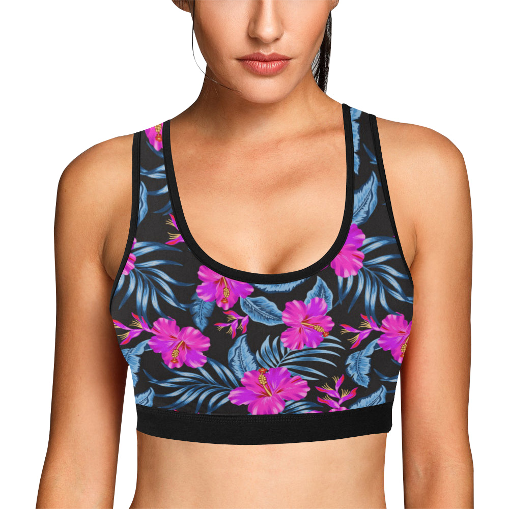 Neon Pink Hibiscus Pattern Print Design HB015 Sports Bra