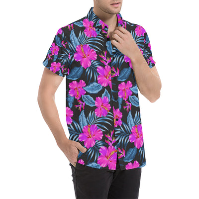 Neon Pink Hibiscus Pattern Print Design HB015 Men's Short Sleeve Button Up Shirt