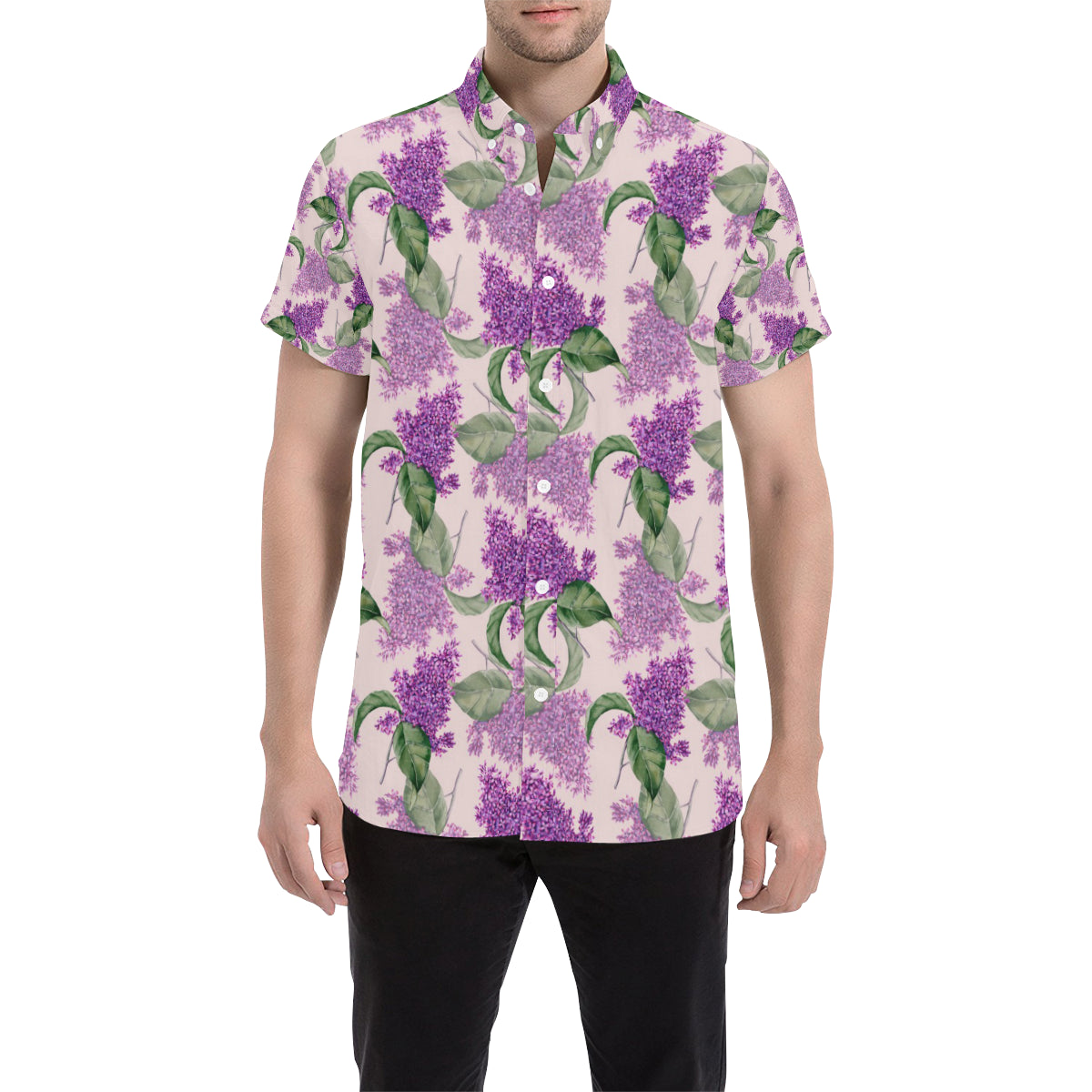 Lilac Pattern Print Design LI02 Men's Short Sleeve Button Up Shirt