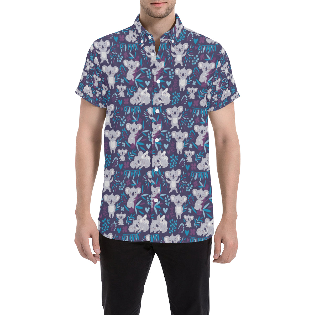 Koala Cute Themed Design Print Men's Short Sleeve Button Up Shirt