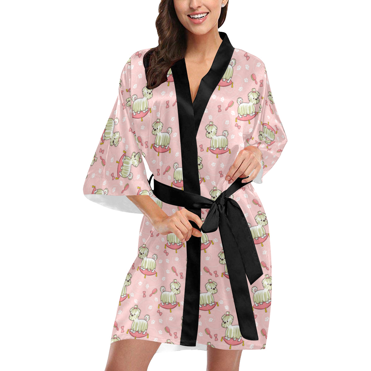 Bichons Frise Pattern Print Design 01 Women's Short Kimono