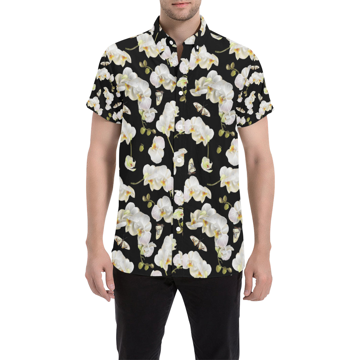 Orchid White Pattern Print Design OR011 Men's Short Sleeve Button Up Shirt