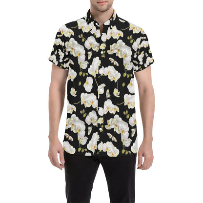 Orchid White Pattern Print Design OR011 Men's Short Sleeve Button Up Shirt
