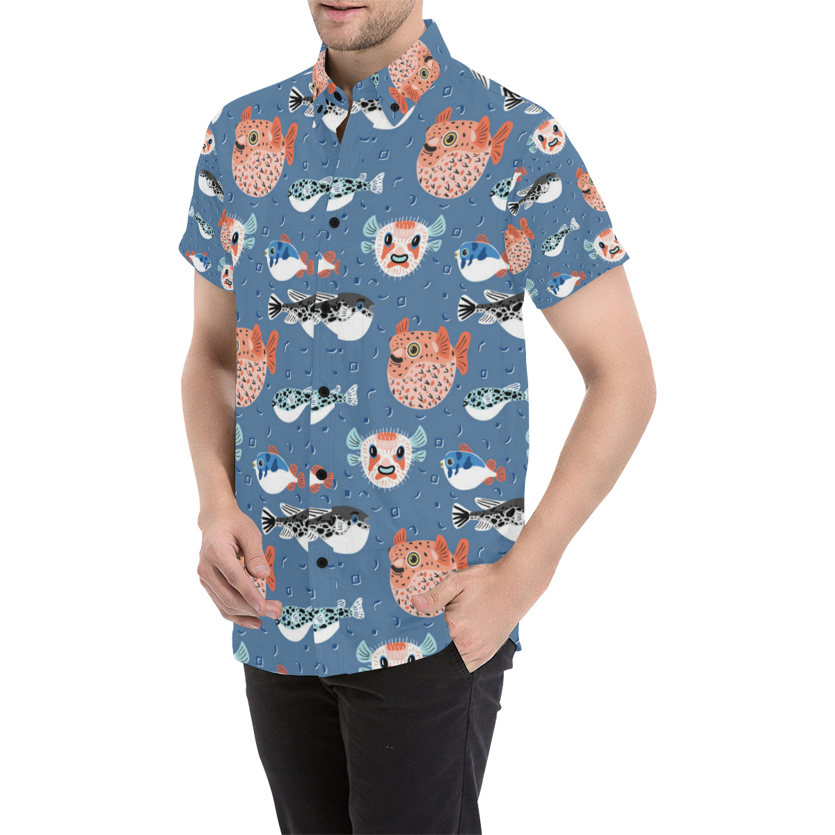 Fugu Pattern Print Design 02 Men's Short Sleeve Button Up Shirt