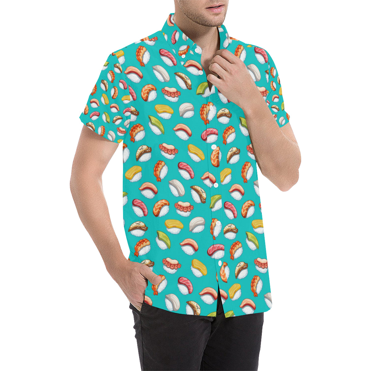 Sushi Themed Print Men's Short Sleeve Button Up Shirt
