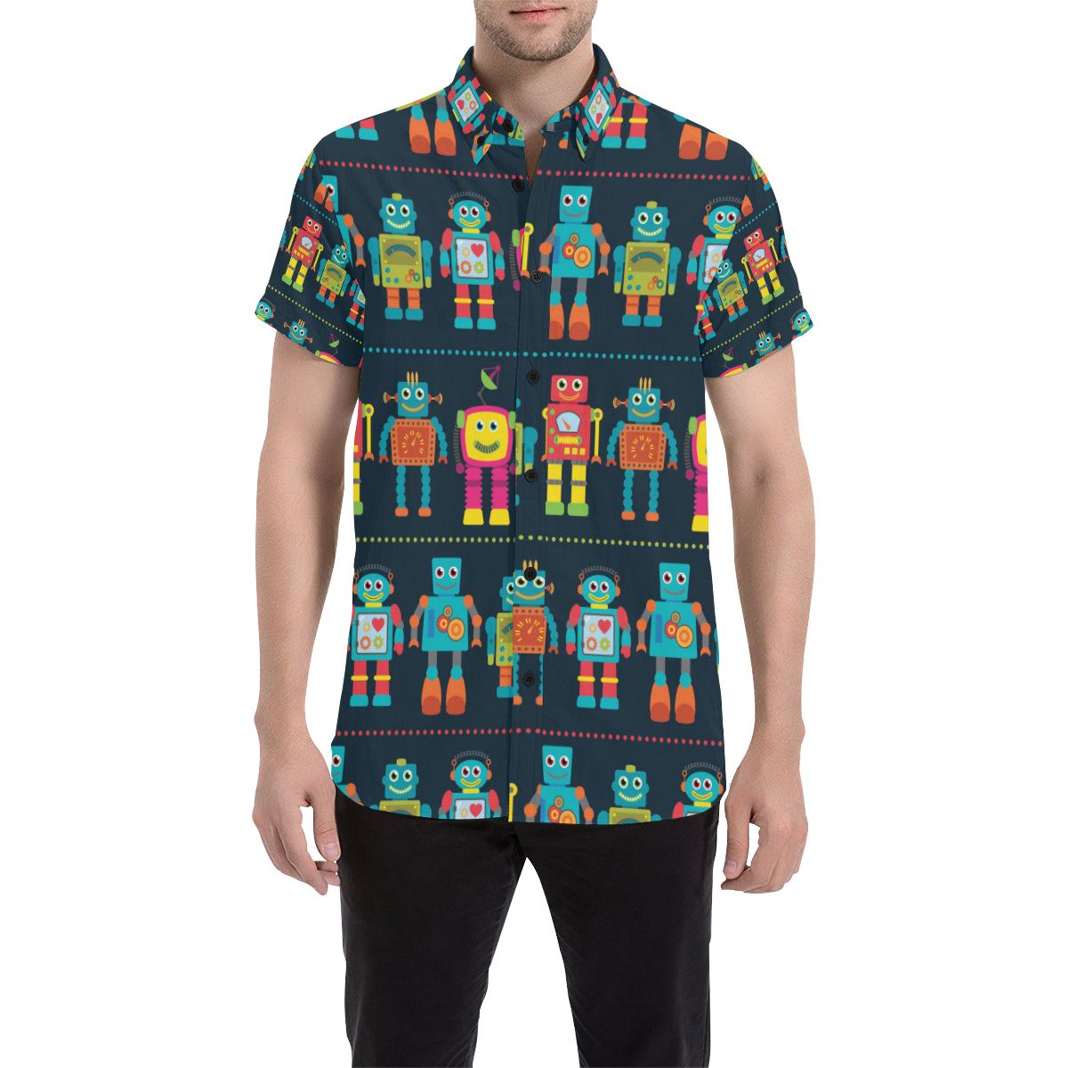Robot Pattern Print Design A01 Men's Short Sleeve Button Up Shirt