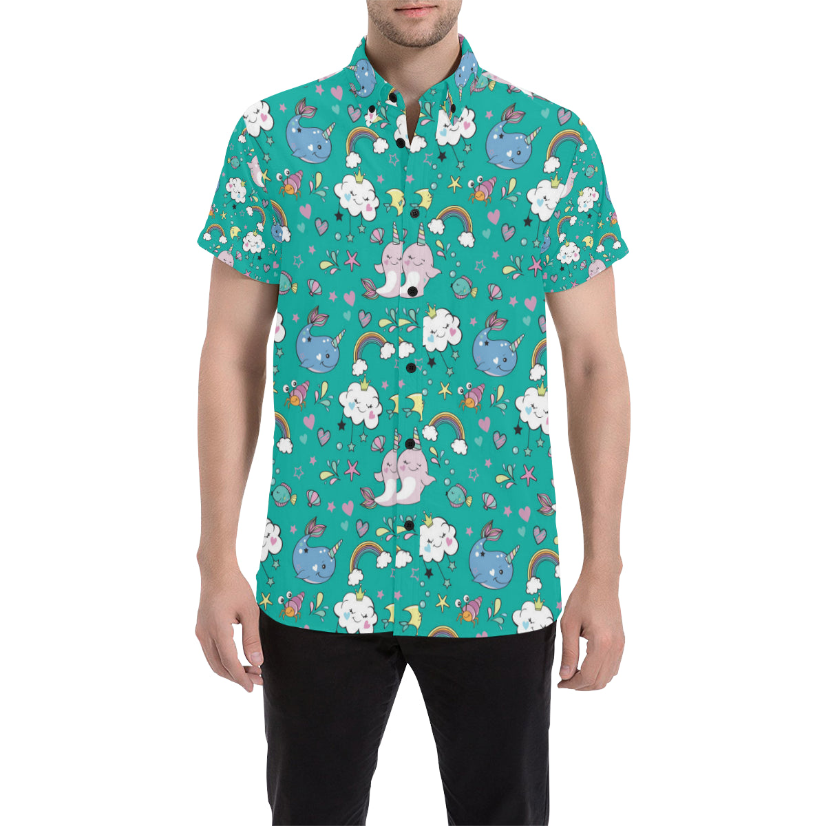 Narwhal Pattern Print Design 04 Men's Short Sleeve Button Up Shirt