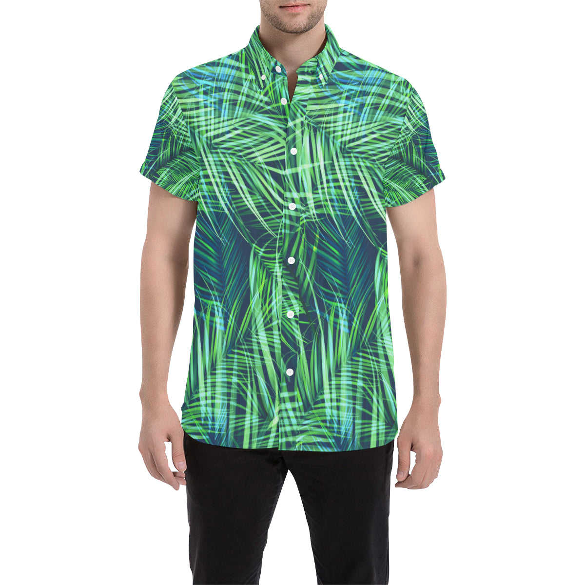 Palm Leaves Pattern Print Design PL02 Men's Short Sleeve Button Up Shirt